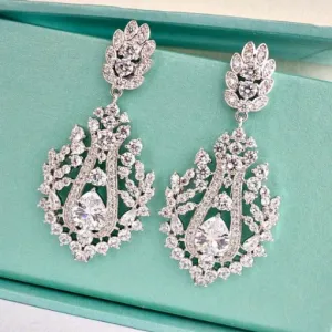 Art Deco CZ Teardrop Crystal Bridal Earrings, Vintage Style Art Nouveau Rhinestone Drop Wedding Earrings, Victorian Chandelier Earrings