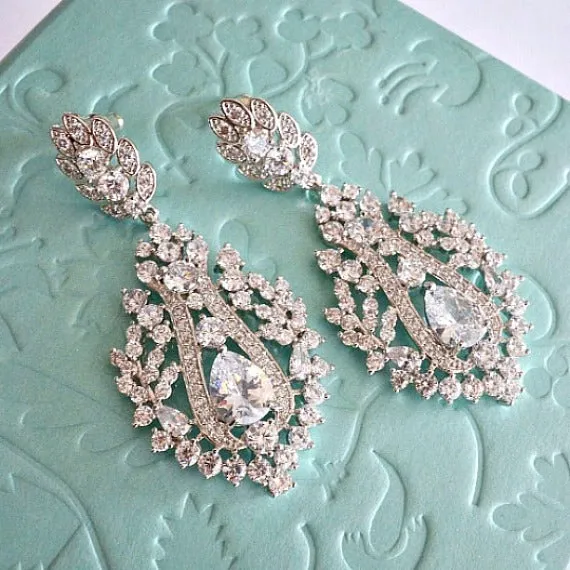 Art Deco CZ Teardrop Crystal Bridal Earrings, Vintage Style Art Nouveau Rhinestone Drop Wedding Earrings, Victorian Chandelier Earrings