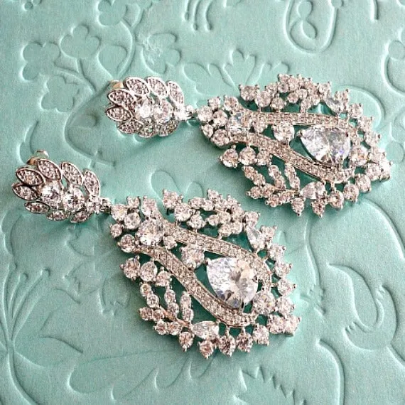 Art Deco CZ Teardrop Crystal Bridal Earrings, Vintage Style Art Nouveau Rhinestone Drop Wedding Earrings, Victorian Chandelier Earrings