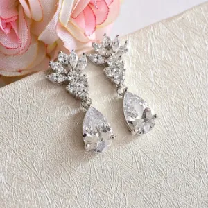Art Deco Fan CZ Bridal Earrings, Crystal Teardrop Earrings, Cubic Zirconia Marquise Leaf Filigree Earrings, CZ Drop Wedding Earrings