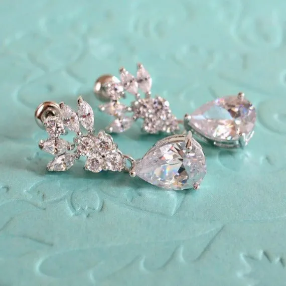 Art Deco Fan CZ Bridal Earrings, Crystal Teardrop Earrings, Cubic Zirconia Marquise Leaf Filigree Earrings, CZ Drop Wedding Earrings