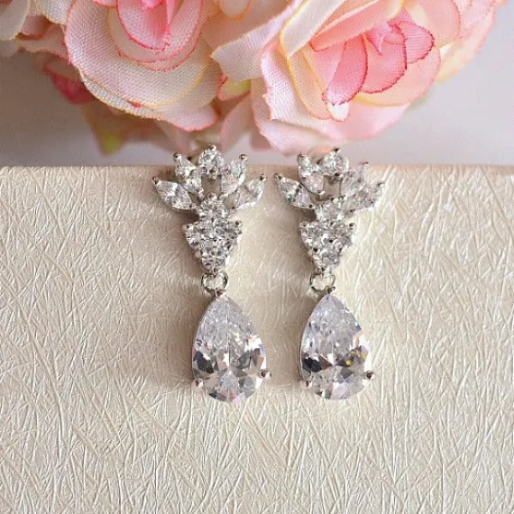 Art Deco Fan CZ Bridal Earrings, Crystal Teardrop Earrings, Cubic Zirconia Marquise Leaf Filigree Earrings, CZ Drop Wedding Earrings
