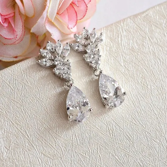 Art Deco Fan CZ Bridal Earrings, Crystal Teardrop Earrings, Cubic Zirconia Marquise Leaf Filigree Earrings, CZ Drop Wedding Earrings