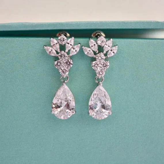 Art Deco Fan CZ Bridal Earrings, Crystal Teardrop Earrings, Cubic Zirconia Marquise Leaf Filigree Earrings, CZ Drop Wedding Earrings