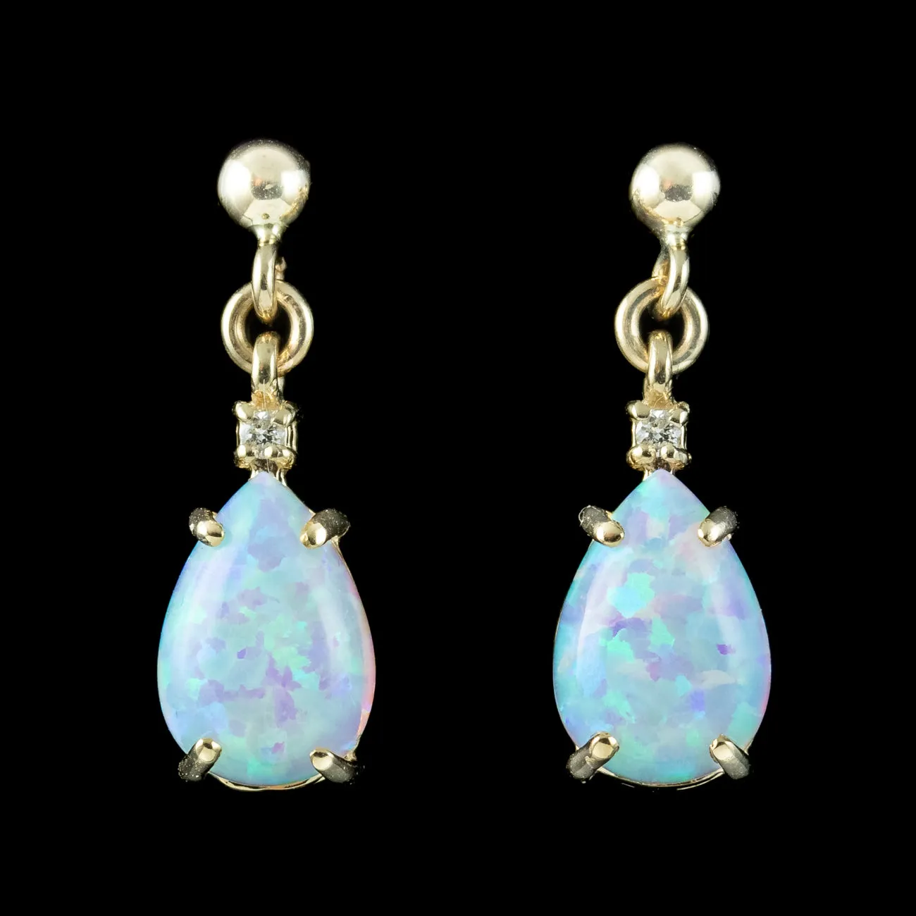 Art Deco Style Opal Diamond Drop Earrings 9ct Gold