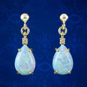 Art Deco Style Opal Diamond Drop Earrings 9ct Gold