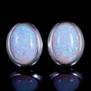 Art Deco Style Opal Solitaire Stud Earrings Silver