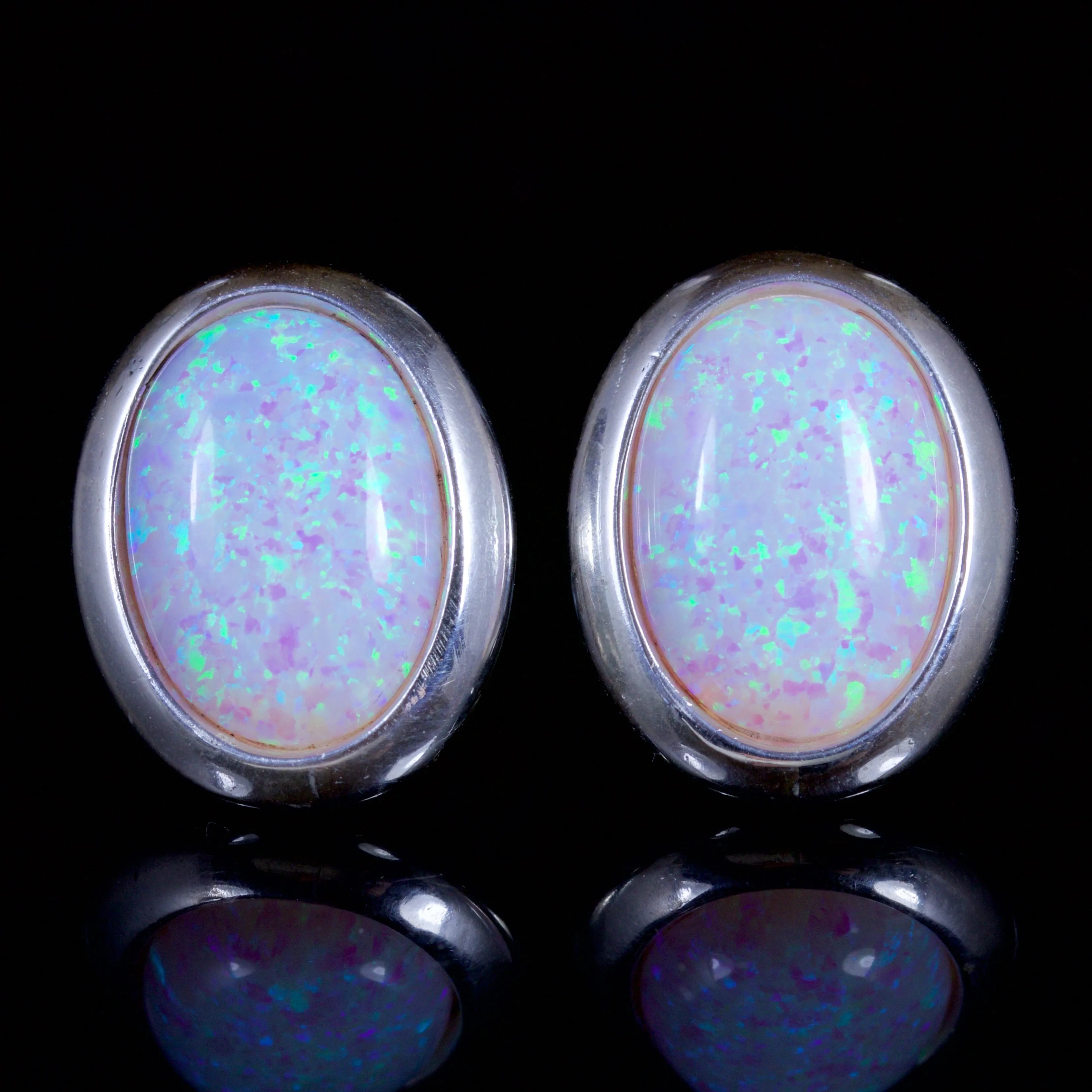 Art Deco Style Opal Solitaire Stud Earrings Silver