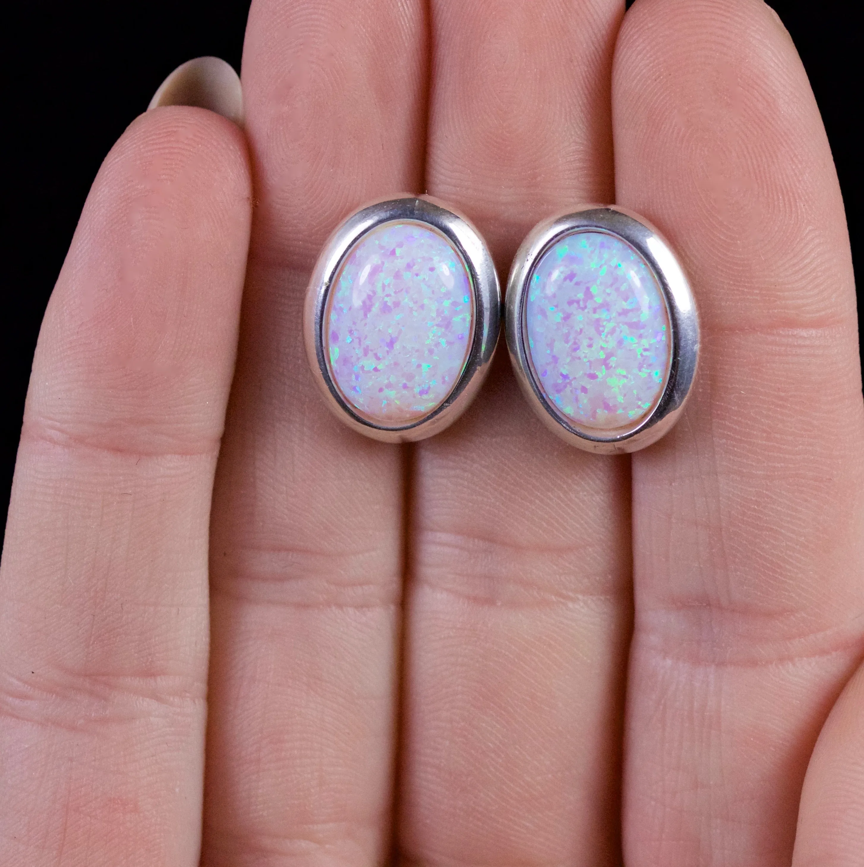 Art Deco Style Opal Solitaire Stud Earrings Silver
