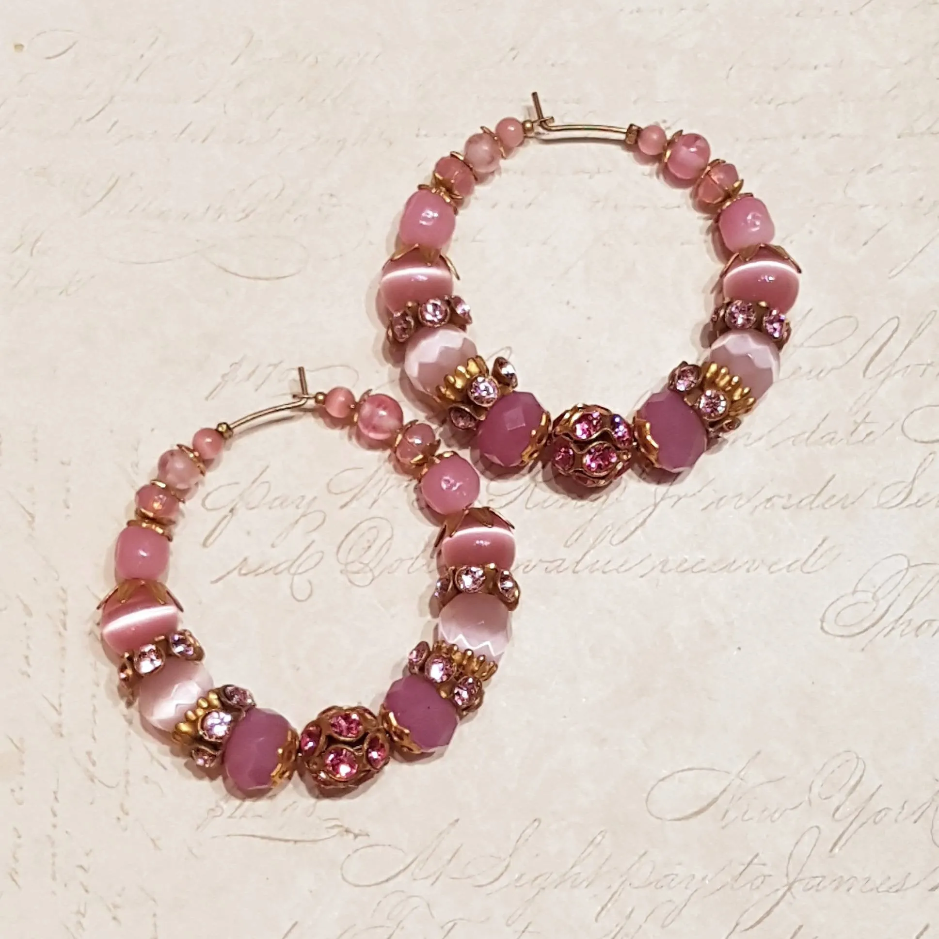 Askew London Pink Glass Crystal Hoop Beaded Earrings Silver Gold Unsigned