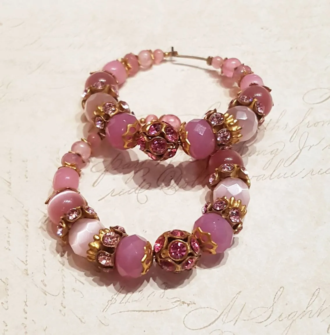 Askew London Pink Glass Crystal Hoop Beaded Earrings Silver Gold Unsigned