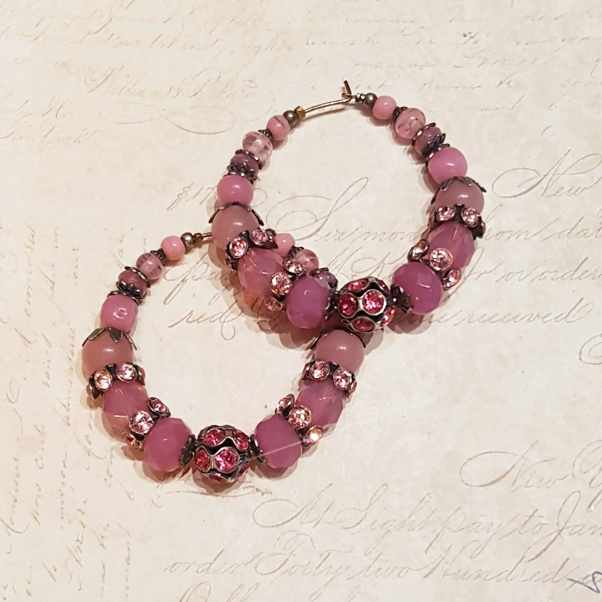 Askew London Pink Glass Crystal Hoop Beaded Earrings Silver Gold Unsigned