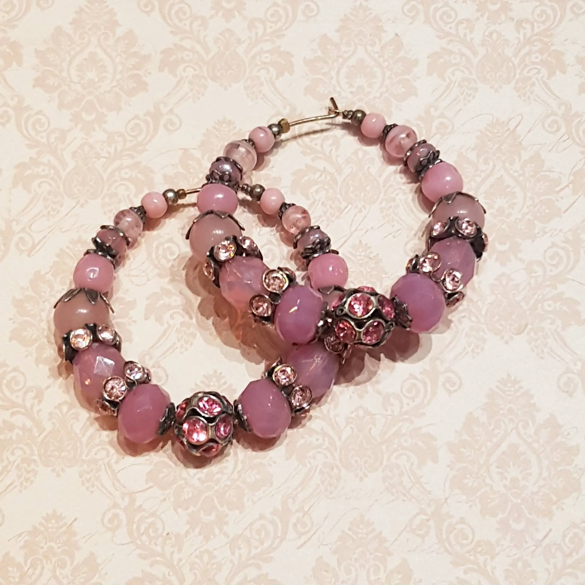 Askew London Pink Glass Crystal Hoop Beaded Earrings Silver Gold Unsigned