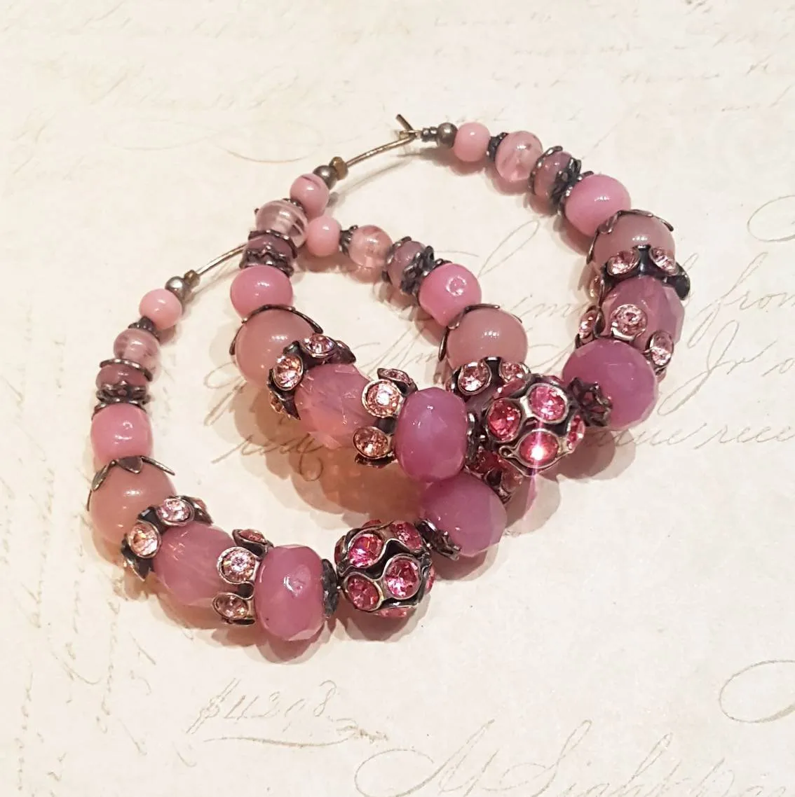 Askew London Pink Glass Crystal Hoop Beaded Earrings Silver Gold Unsigned