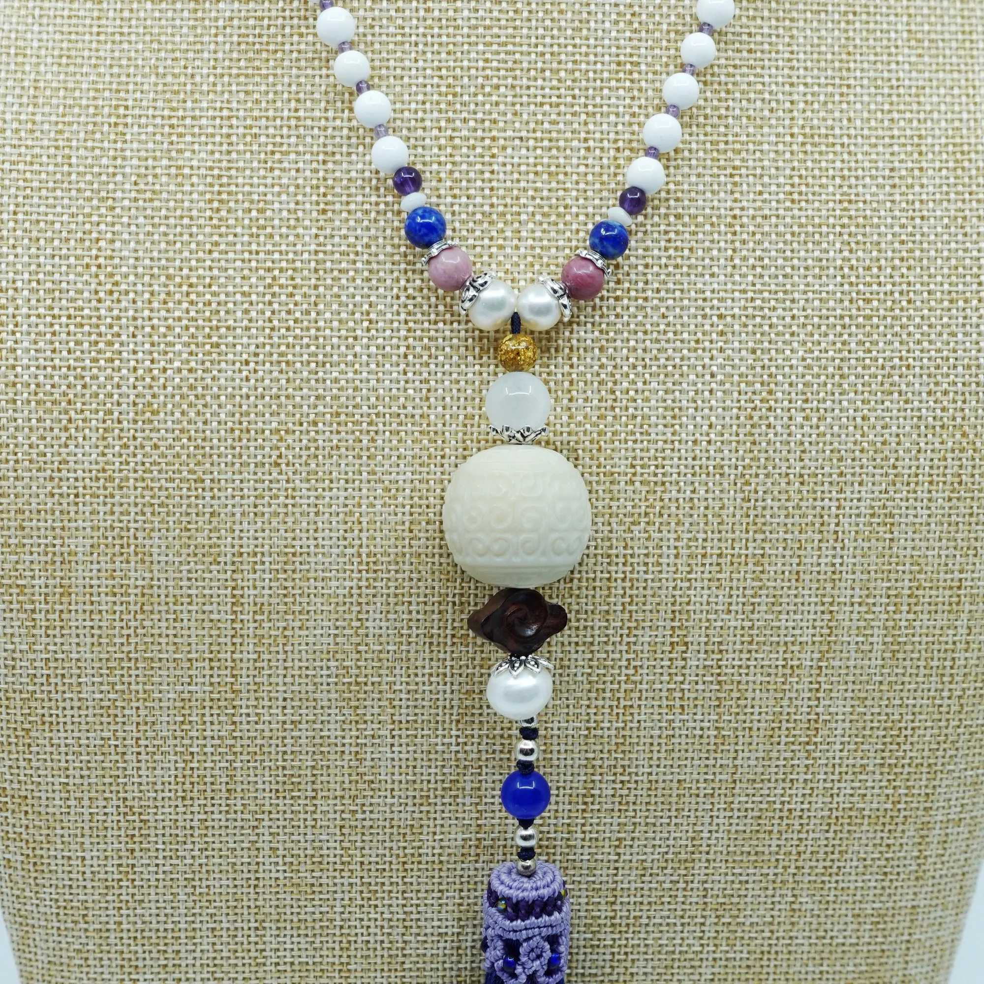 Beaded Tridacna and Amethyst Necklace with Blue Silk Tassel