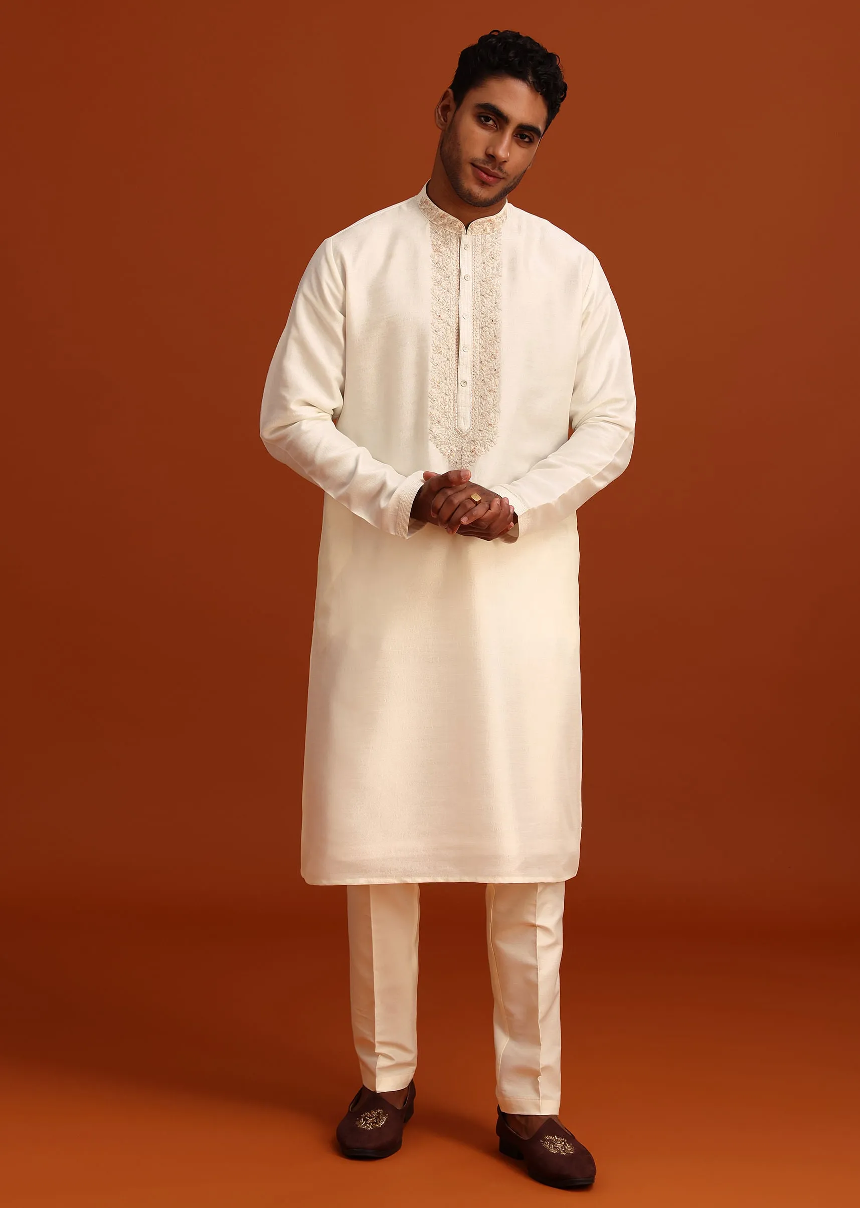 Beige Cotton Silk Sherwani Set With Hand Work