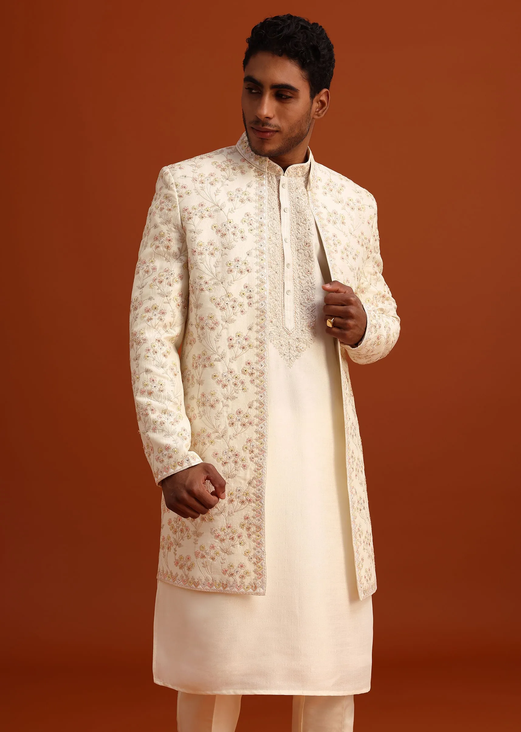 Beige Cotton Silk Sherwani Set With Hand Work