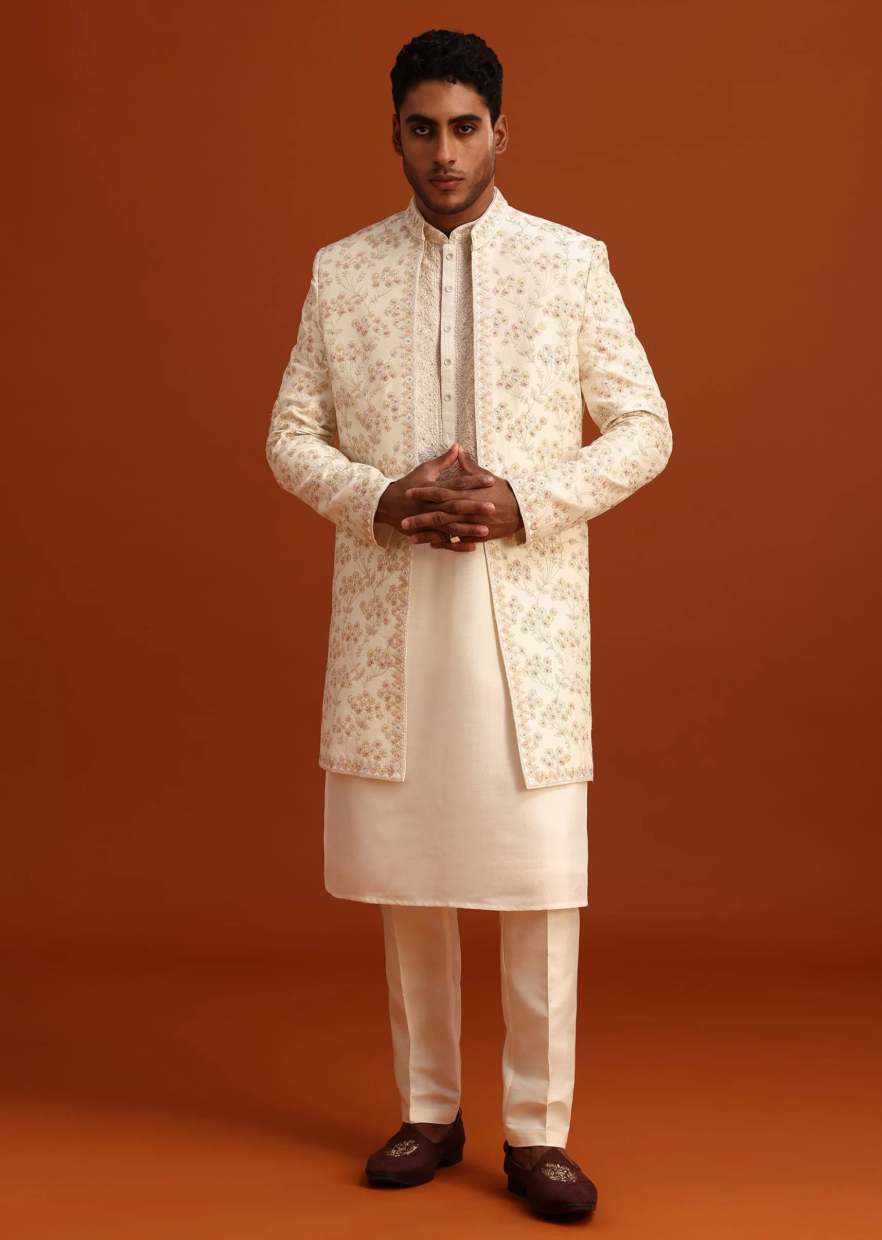 Beige Cotton Silk Sherwani Set With Hand Work