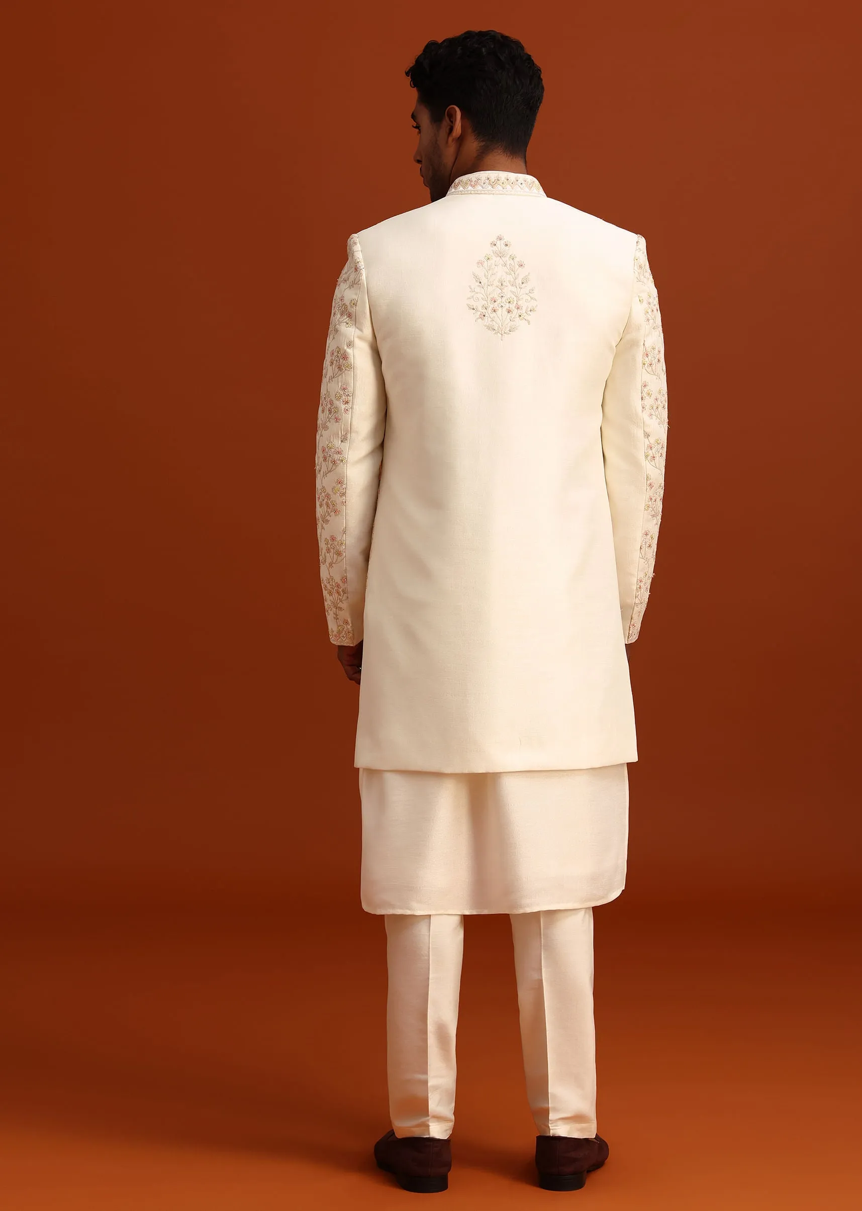 Beige Cotton Silk Sherwani Set With Hand Work