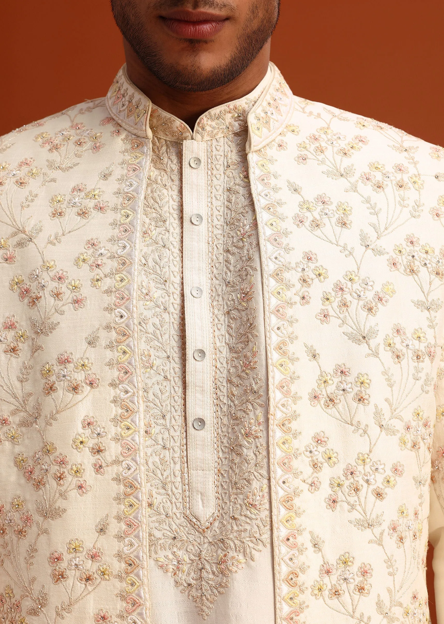 Beige Cotton Silk Sherwani Set With Hand Work