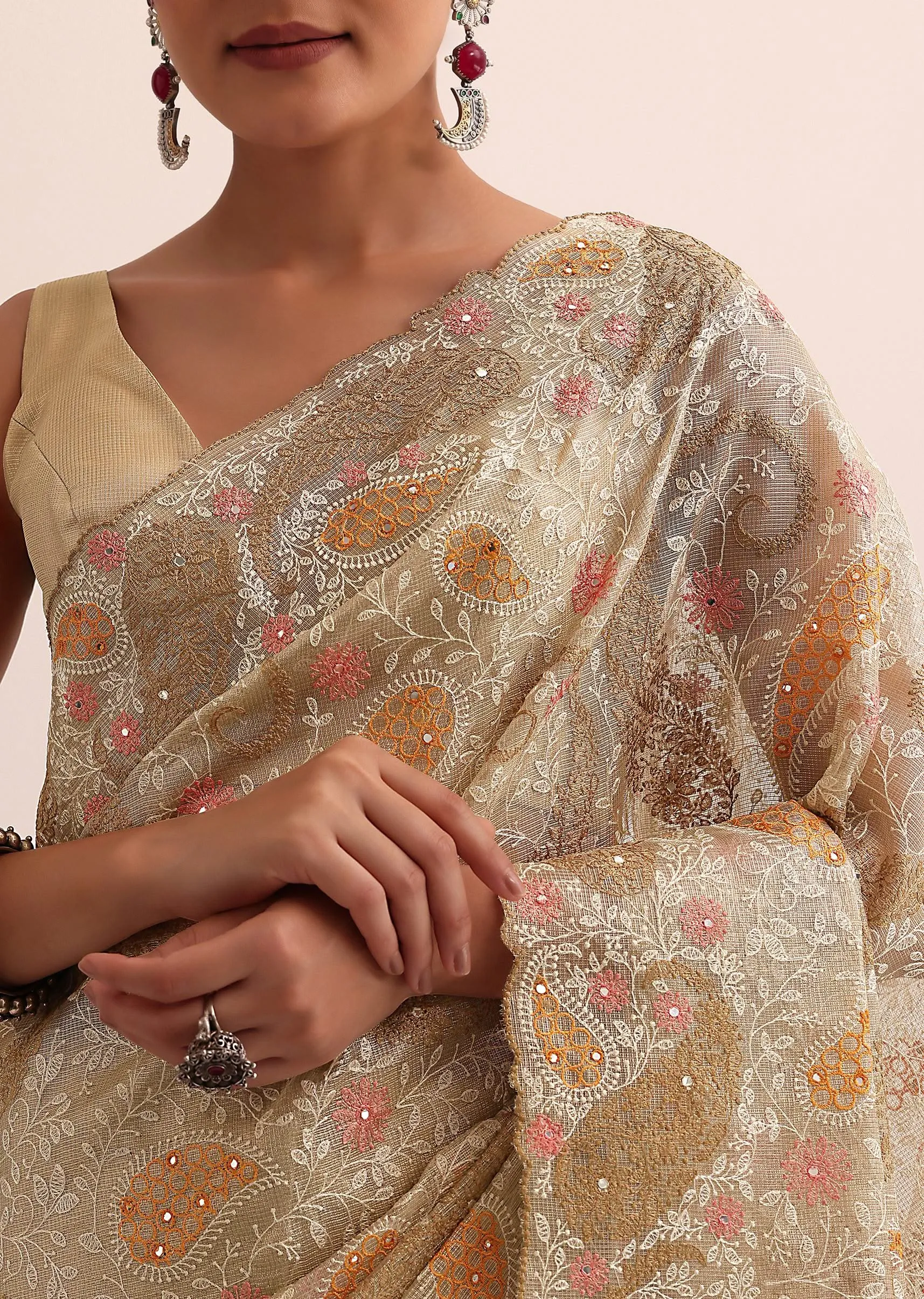Beige Gold Chanderi Saree With Thread Work And Unstitched Blouse