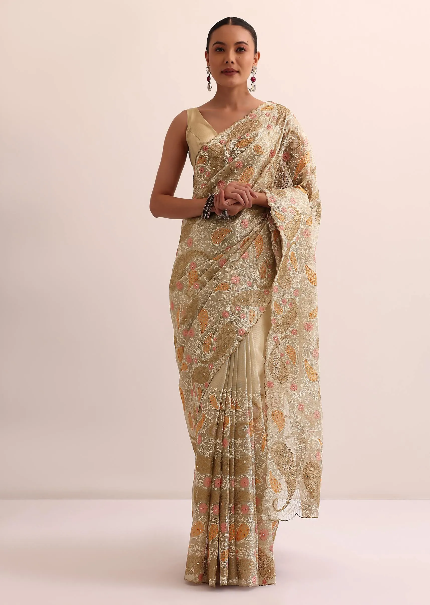 Beige Gold Chanderi Saree With Thread Work And Unstitched Blouse