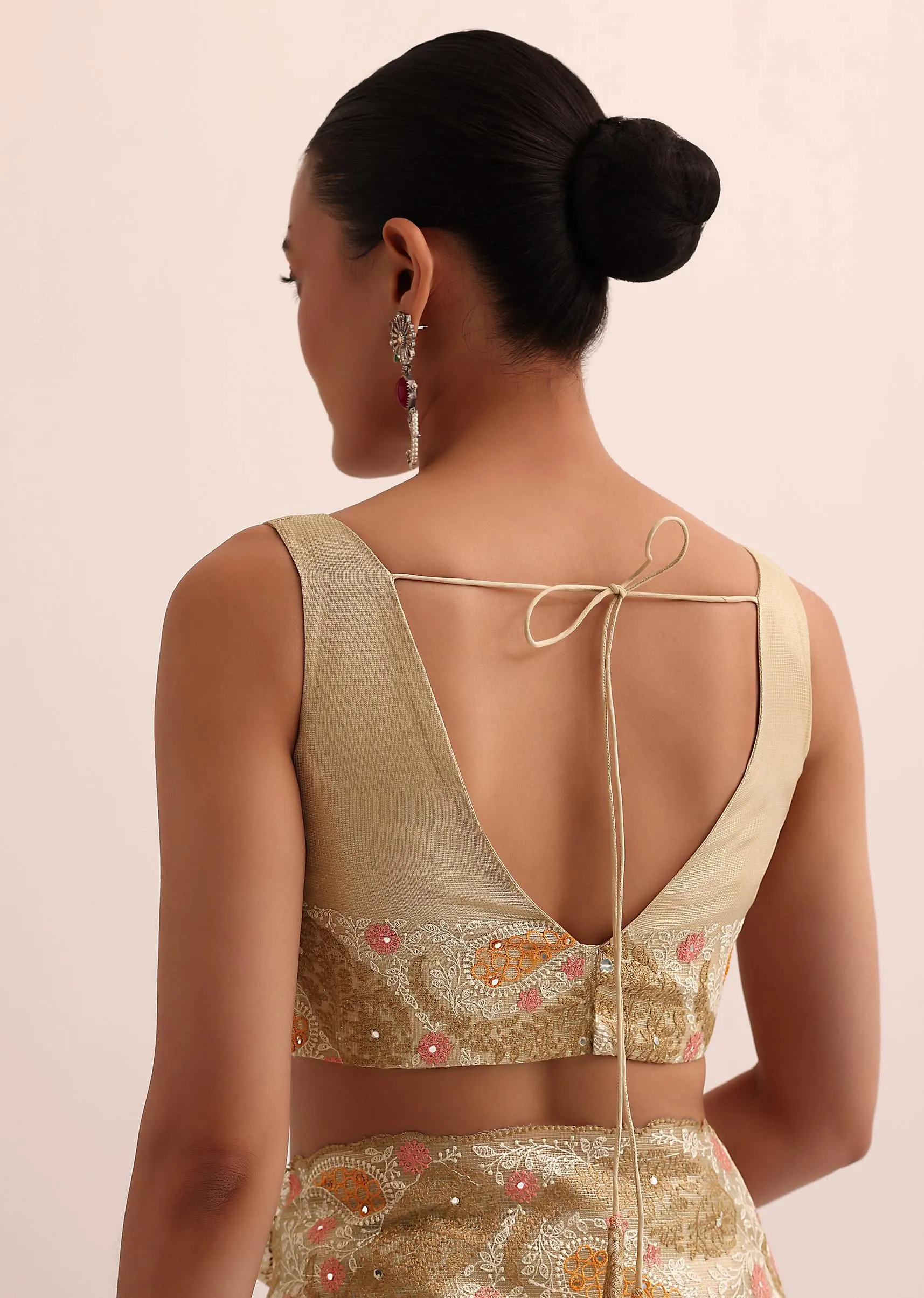 Beige Gold Chanderi Saree With Thread Work And Unstitched Blouse