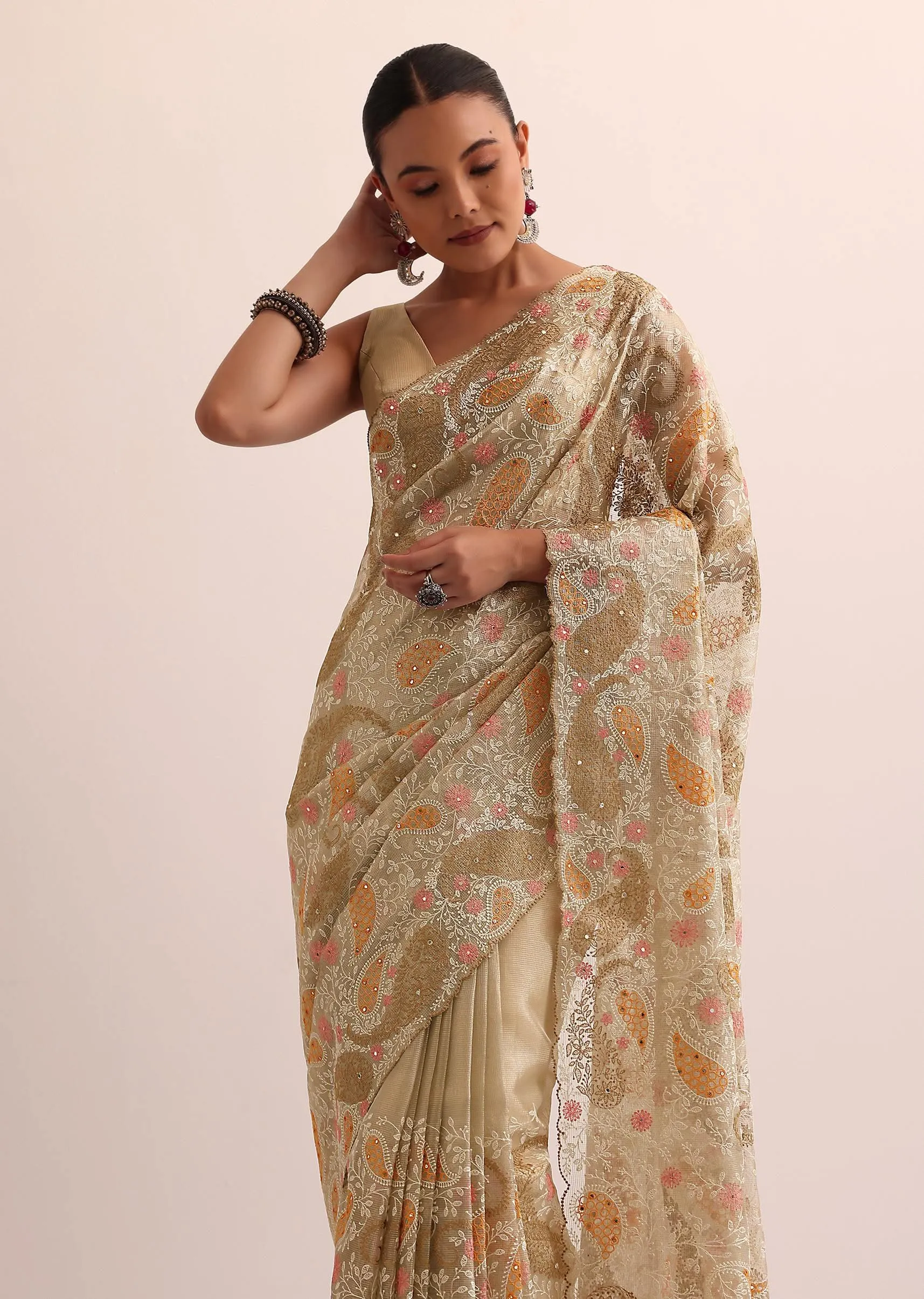 Beige Gold Chanderi Saree With Thread Work And Unstitched Blouse