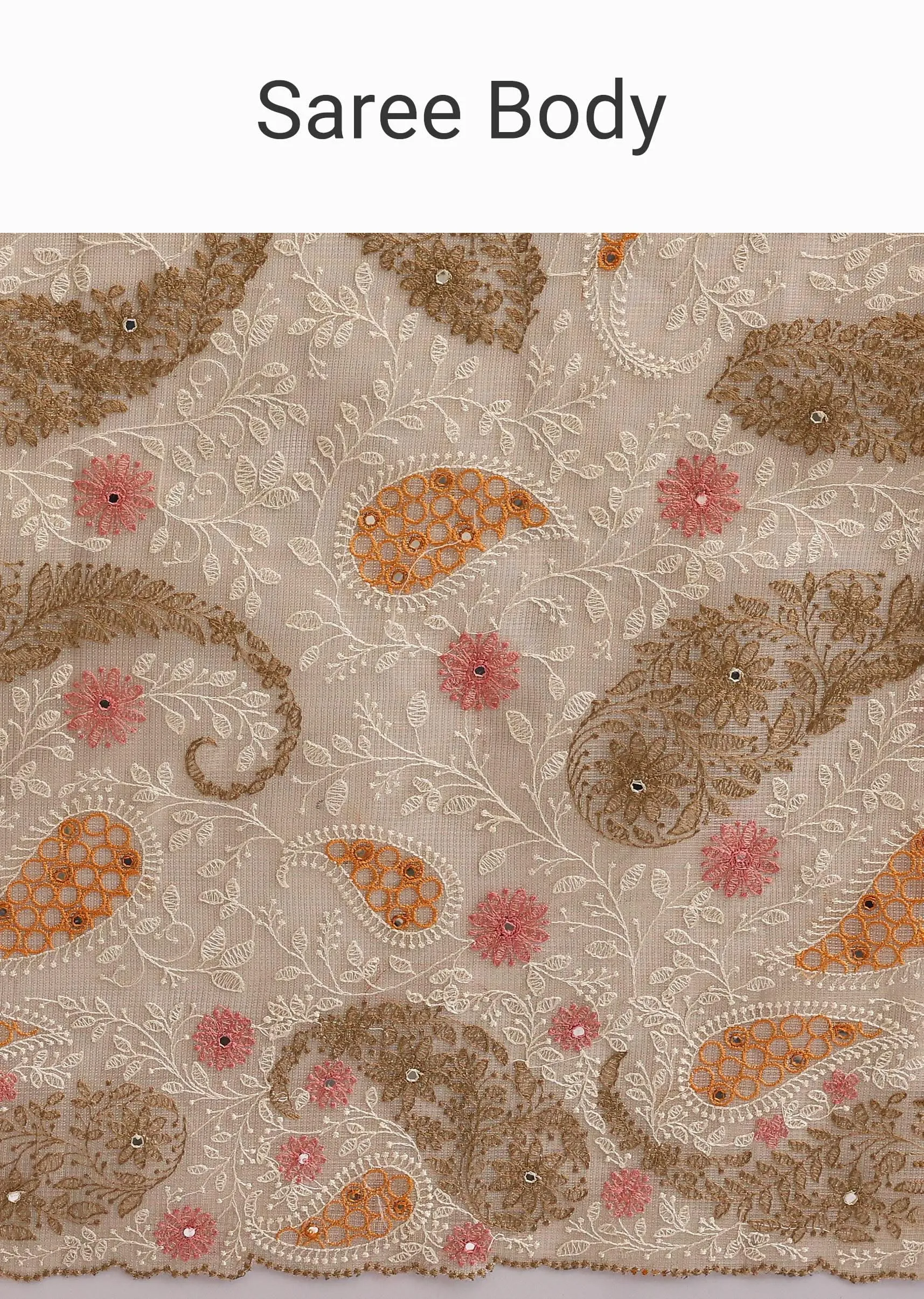 Beige Gold Chanderi Saree With Thread Work And Unstitched Blouse