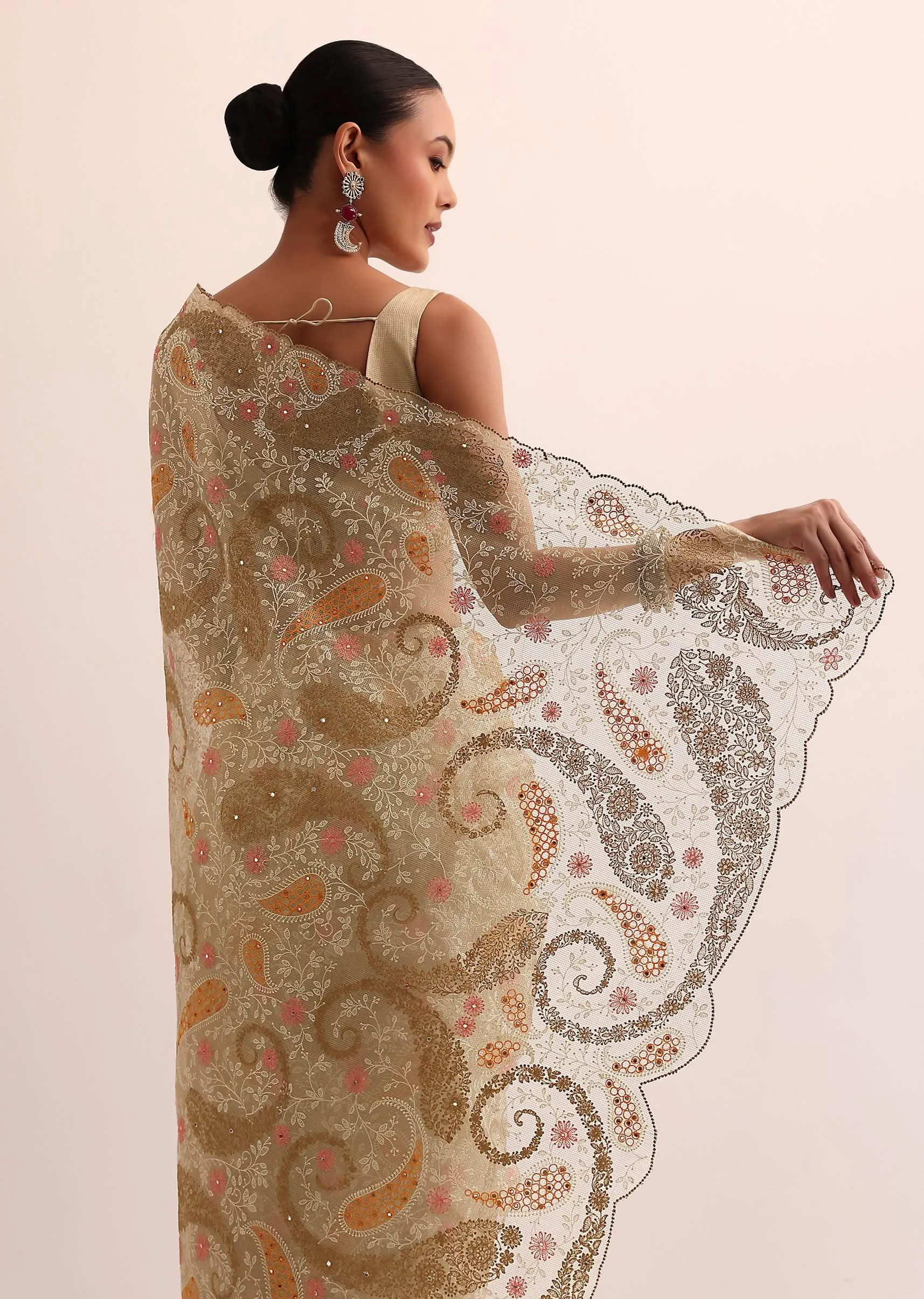 Beige Gold Chanderi Saree With Thread Work And Unstitched Blouse