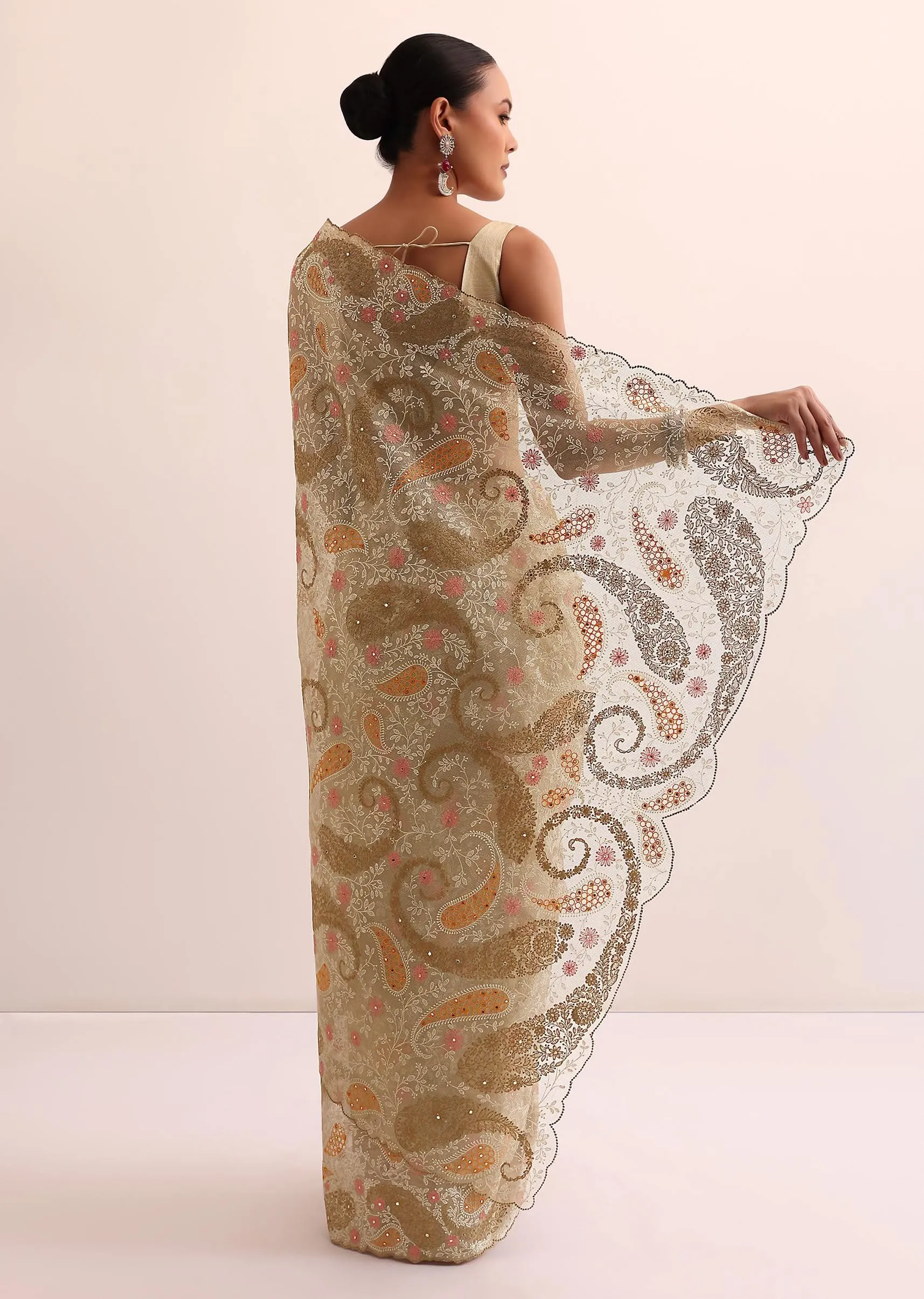 Beige Gold Chanderi Saree With Thread Work And Unstitched Blouse
