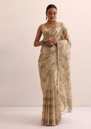 Beige Gold Chanderi Saree With Thread Work And Unstitched Blouse