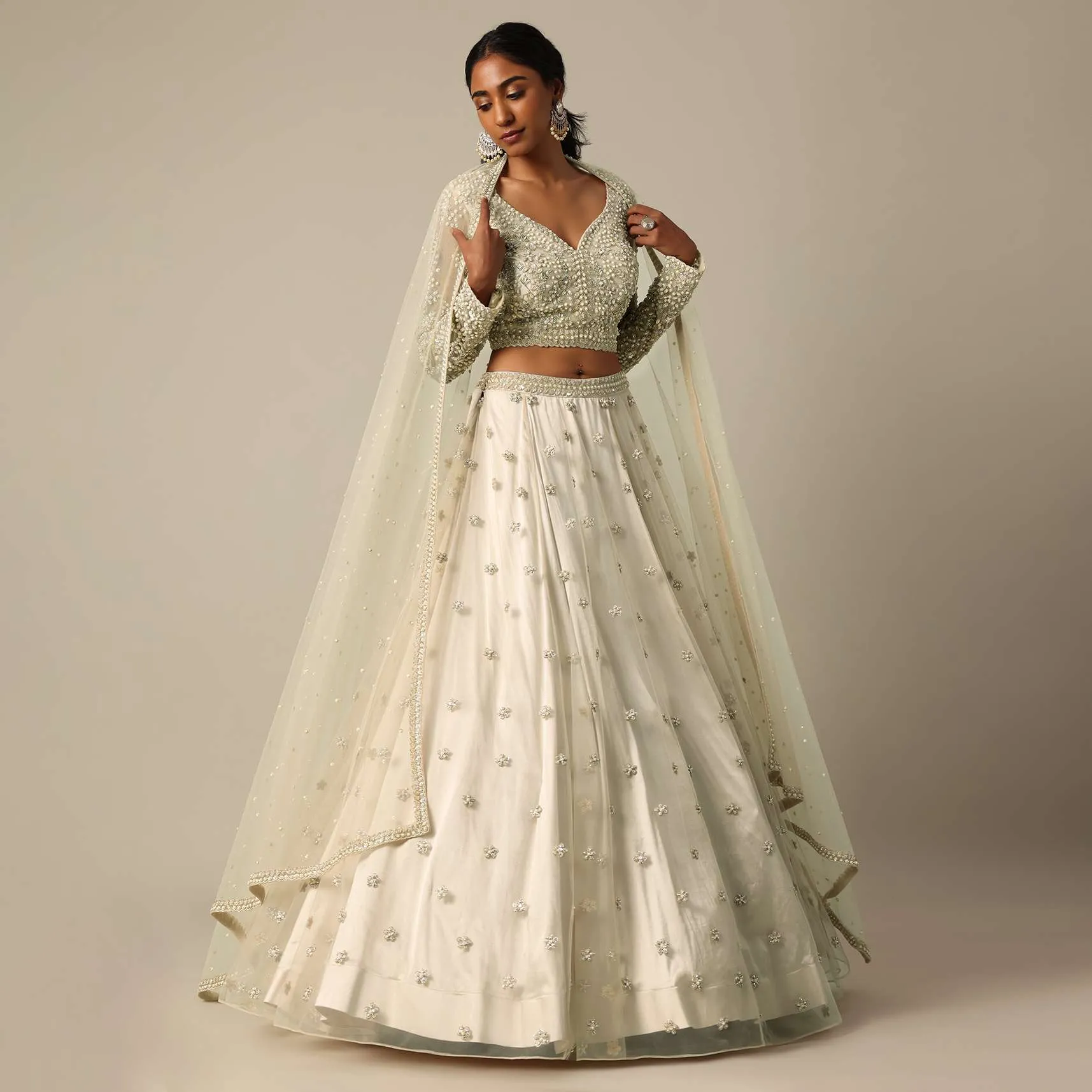 Beige Hand Embellished Blouse And Lehenga Set