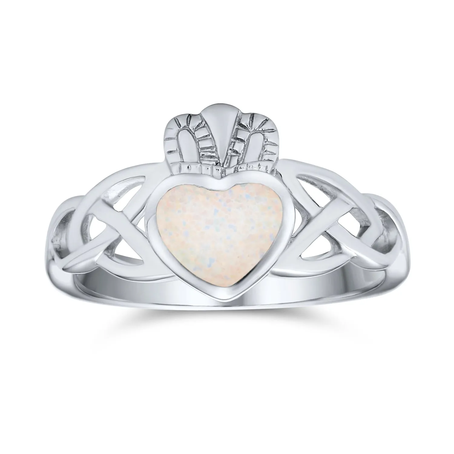 BFF Triquetra Celtic Knot White Blue Opal Claddagh Ring .925 Silver