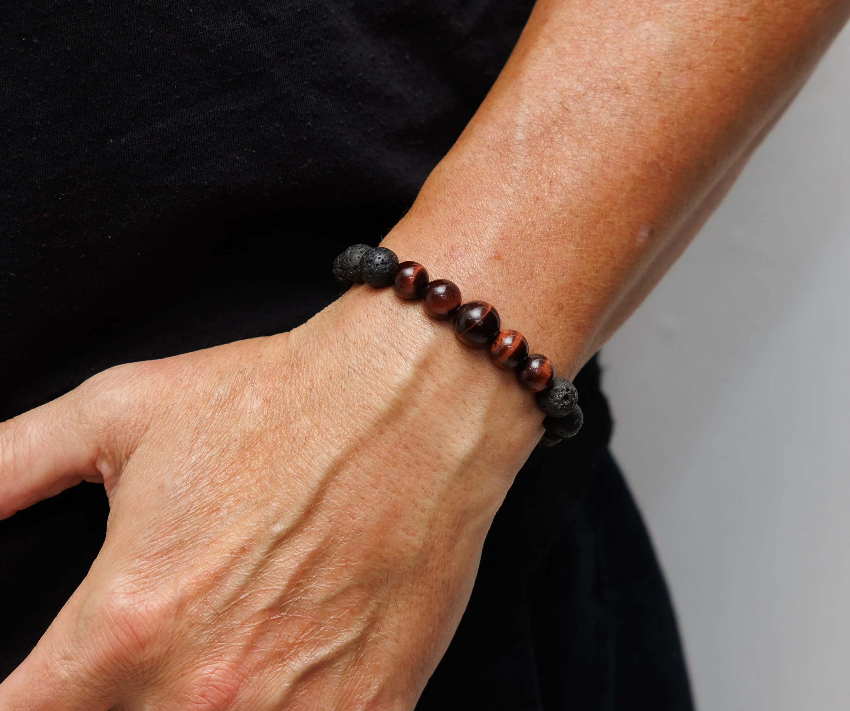 Black Lava and Red Tigers Eye Gloss Natural Gemstone Bracelet