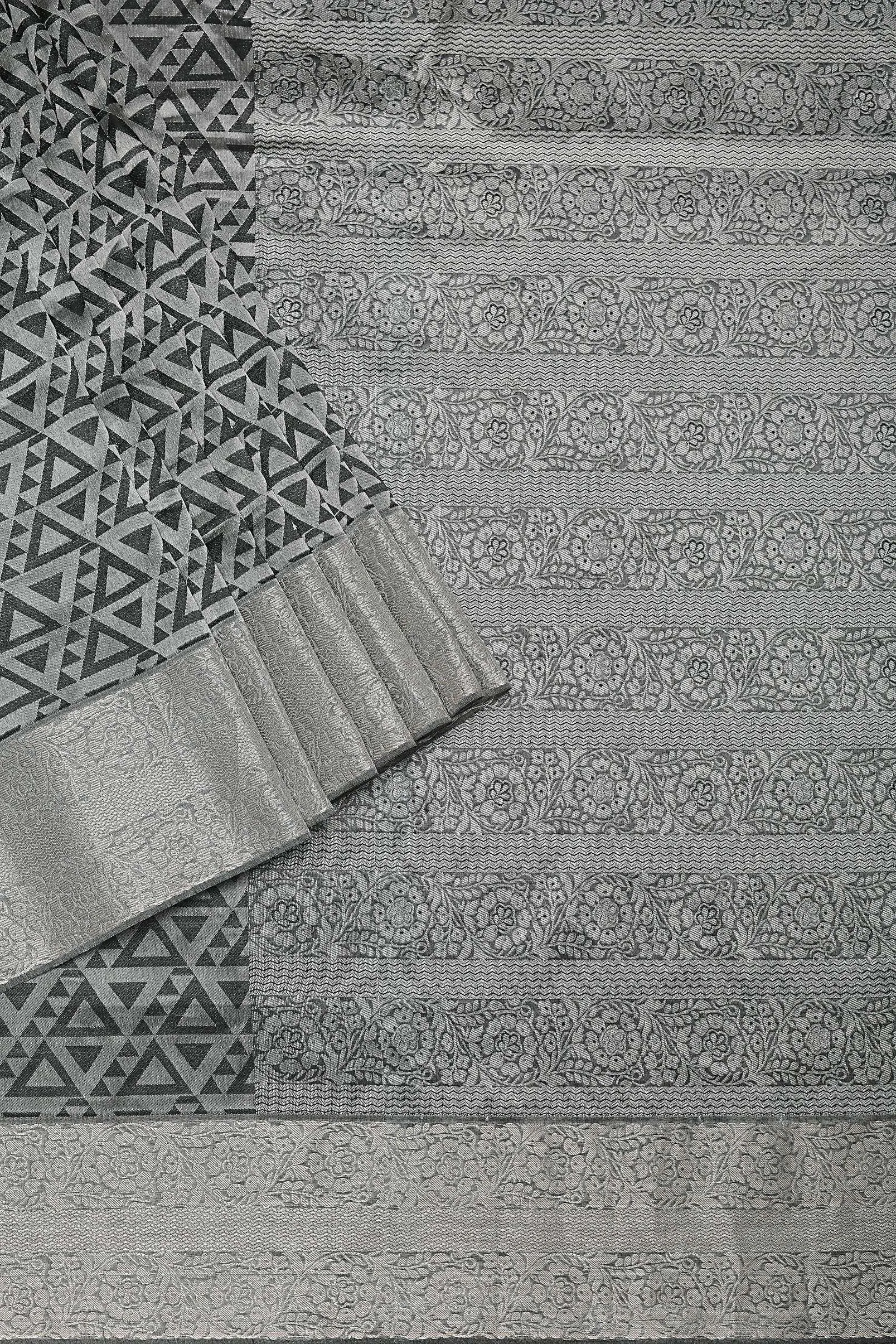 Black Saree In South Silk With Geometric Zari Weave And Unstitched Blouse Fabric