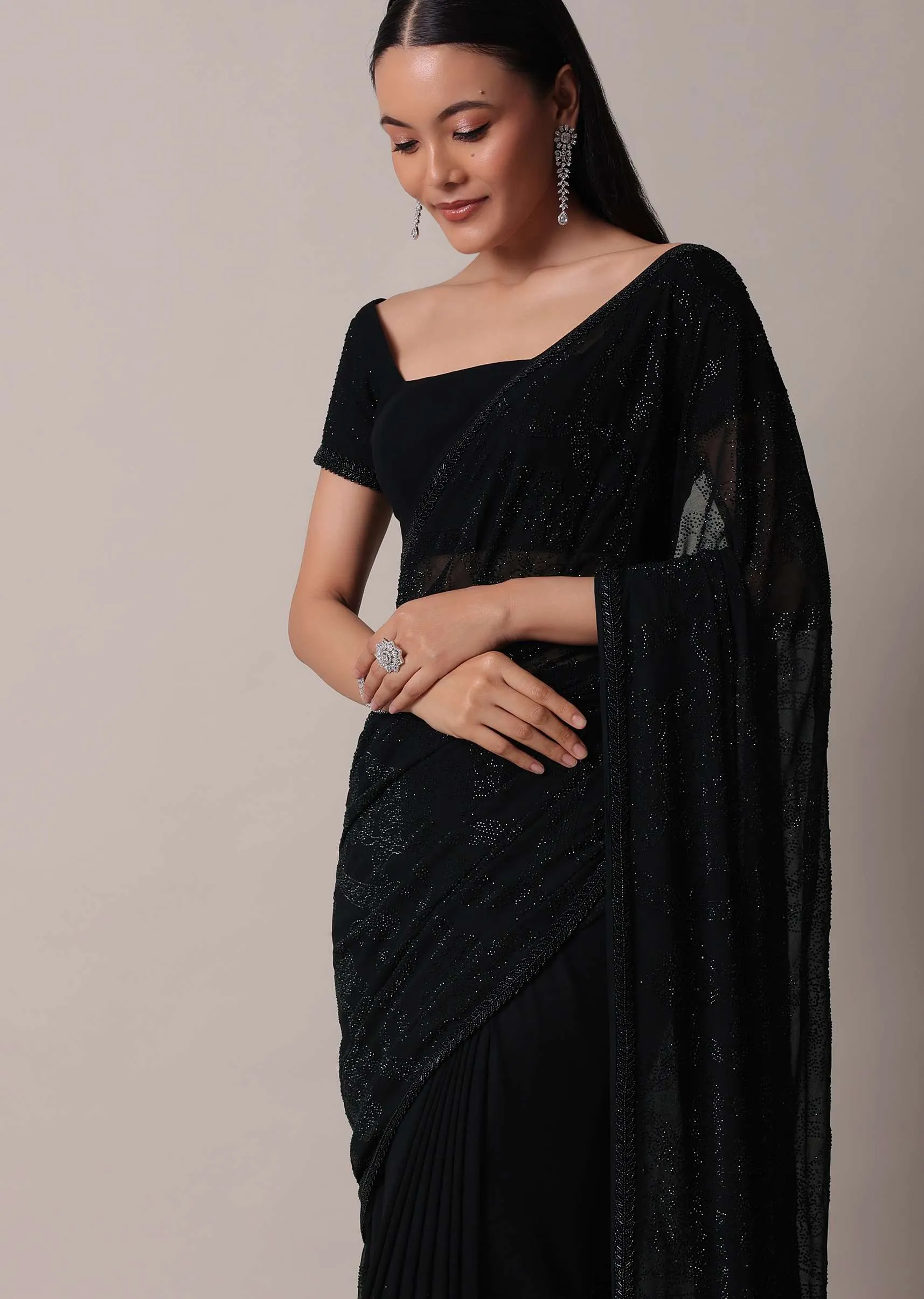 Black Saree With Swarovski Embellishments And Unstitched Blouse Piece