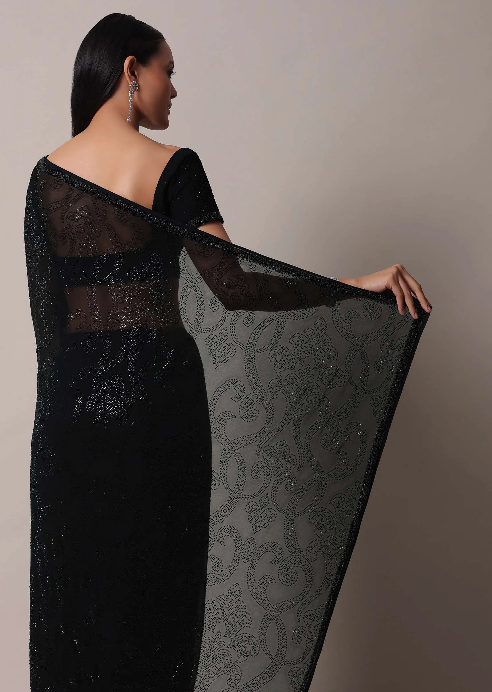 Black Saree With Swarovski Embellishments And Unstitched Blouse Piece