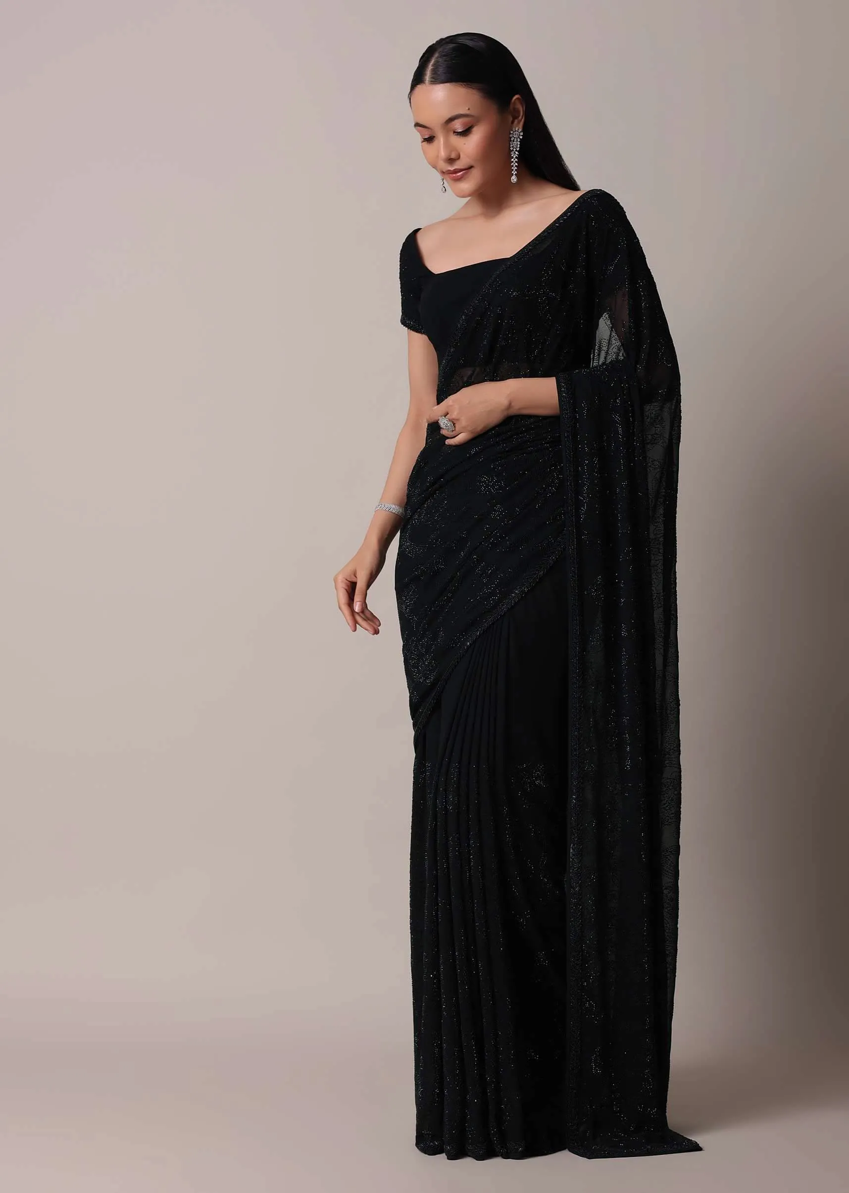 Black Saree With Swarovski Embellishments And Unstitched Blouse Piece
