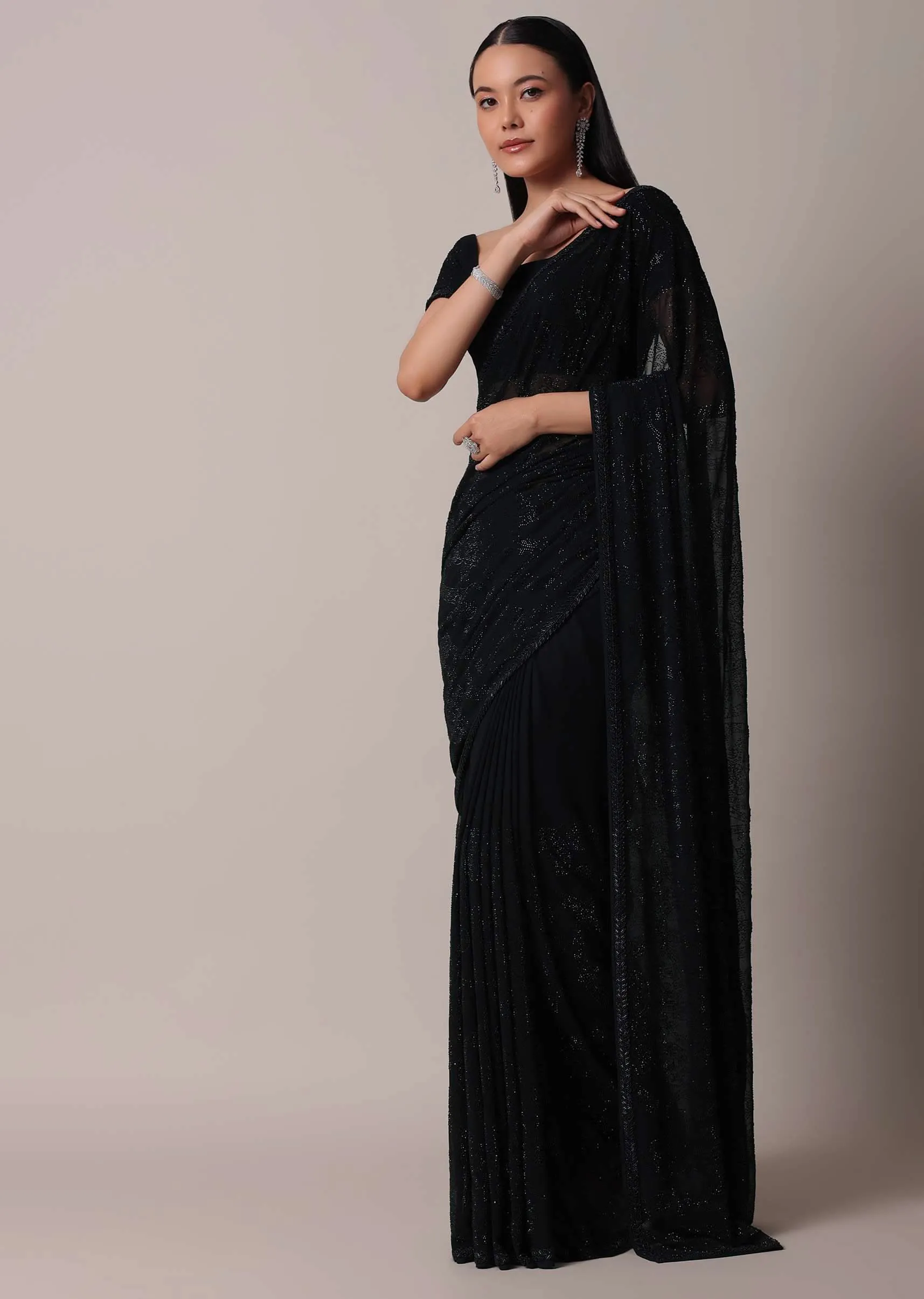 Black Saree With Swarovski Embellishments And Unstitched Blouse Piece