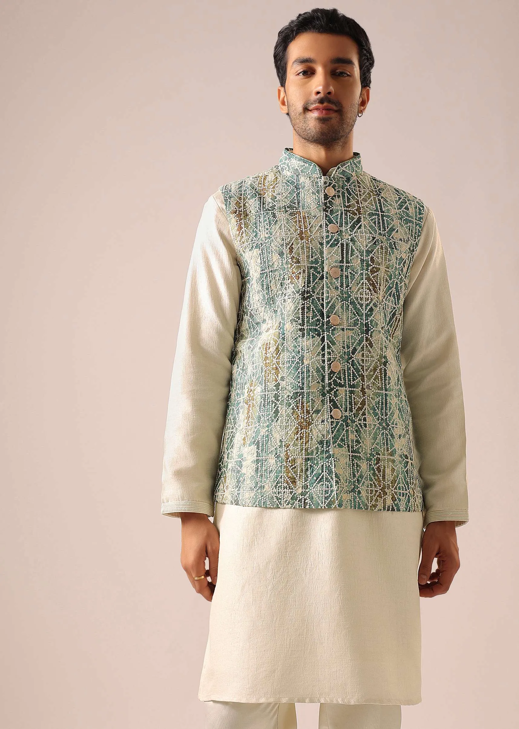 Blue Thread Embroidered Jacket And Kurta Set