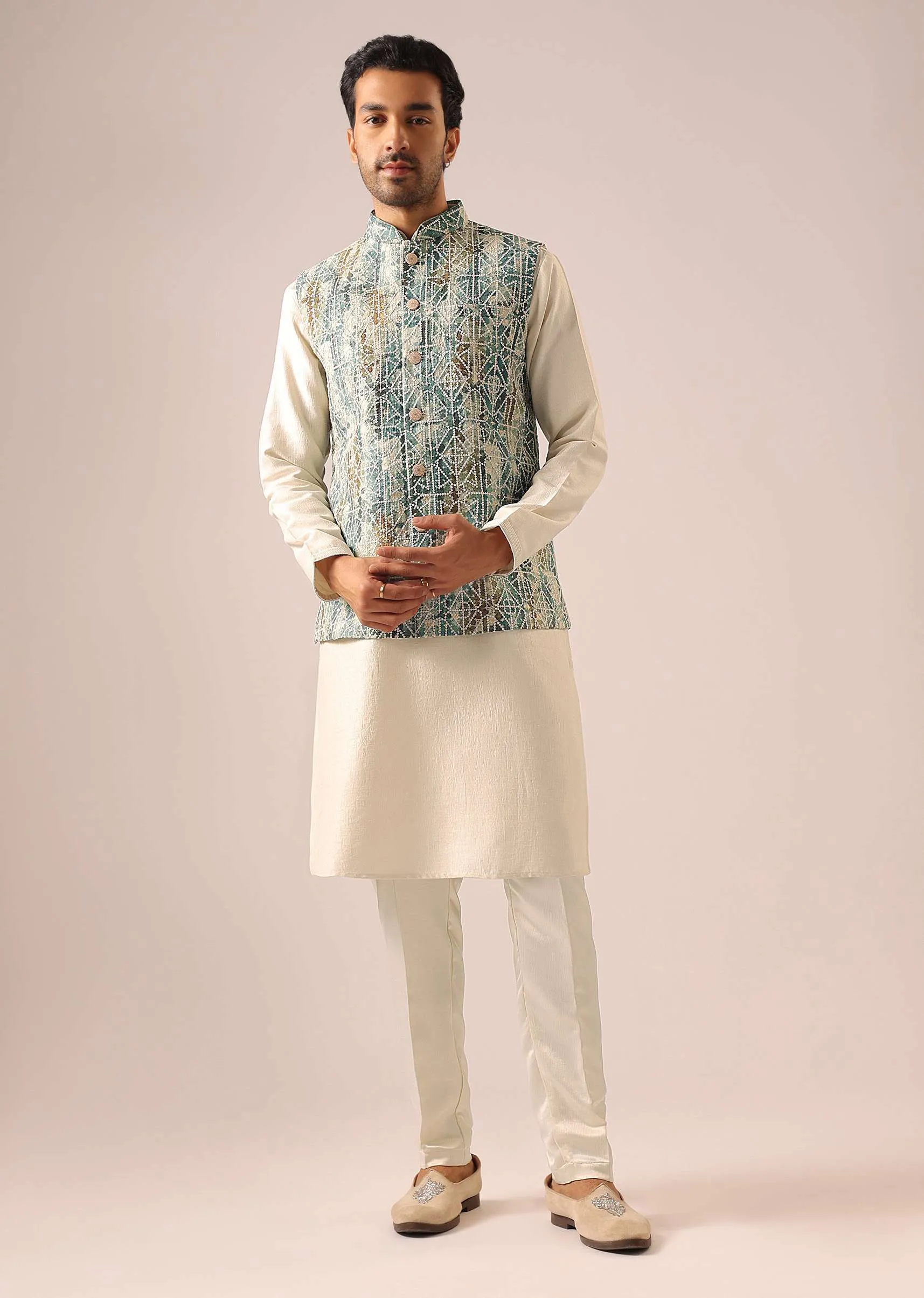 Blue Thread Embroidered Jacket And Kurta Set