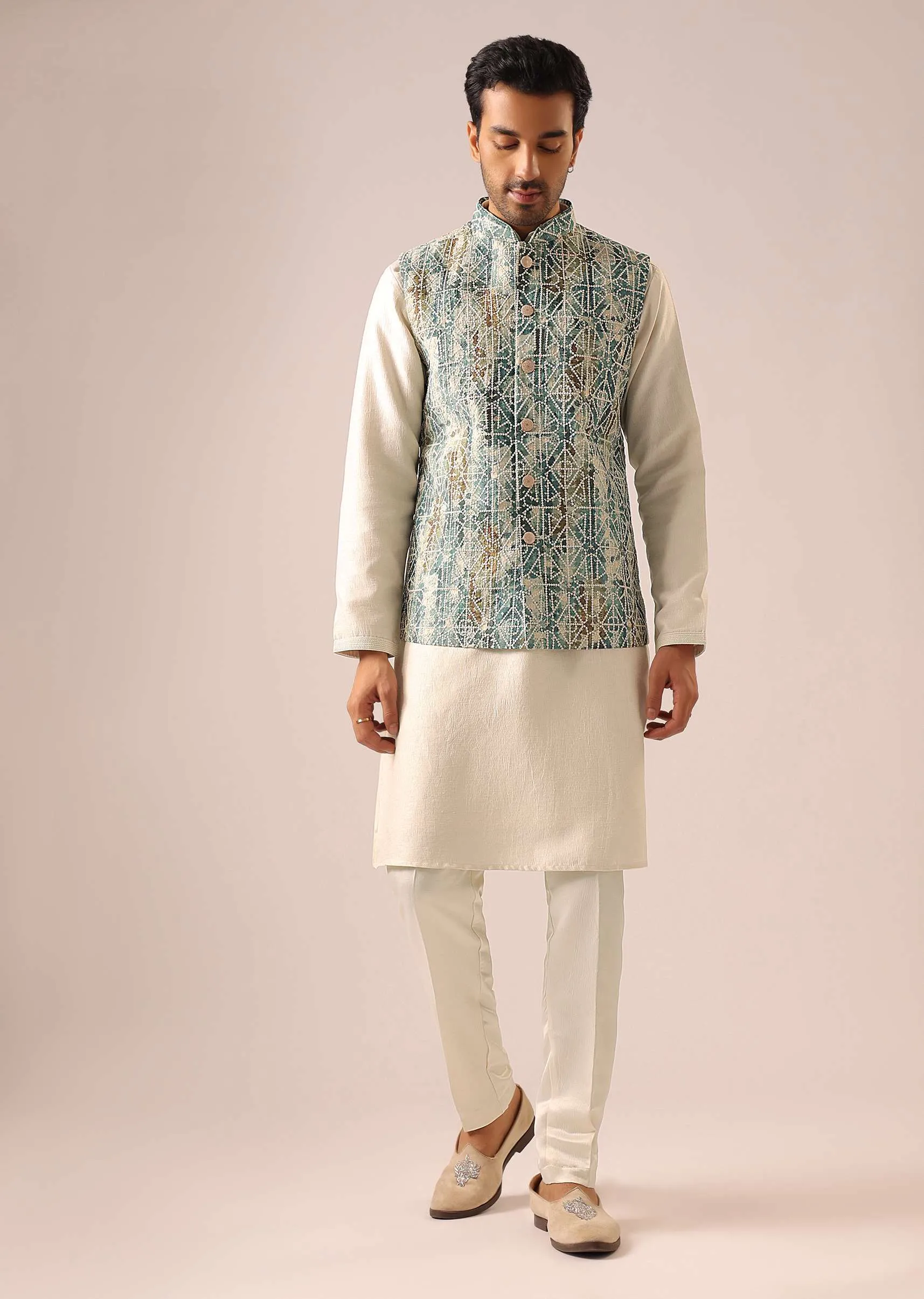 Blue Thread Embroidered Jacket And Kurta Set