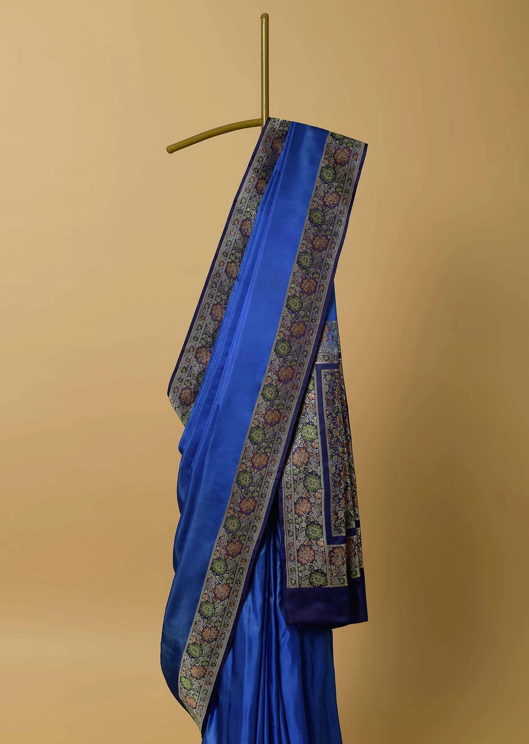 Blue Valkalam Banarasi Satin Crepe Saree With Unstitched Blouse Piece