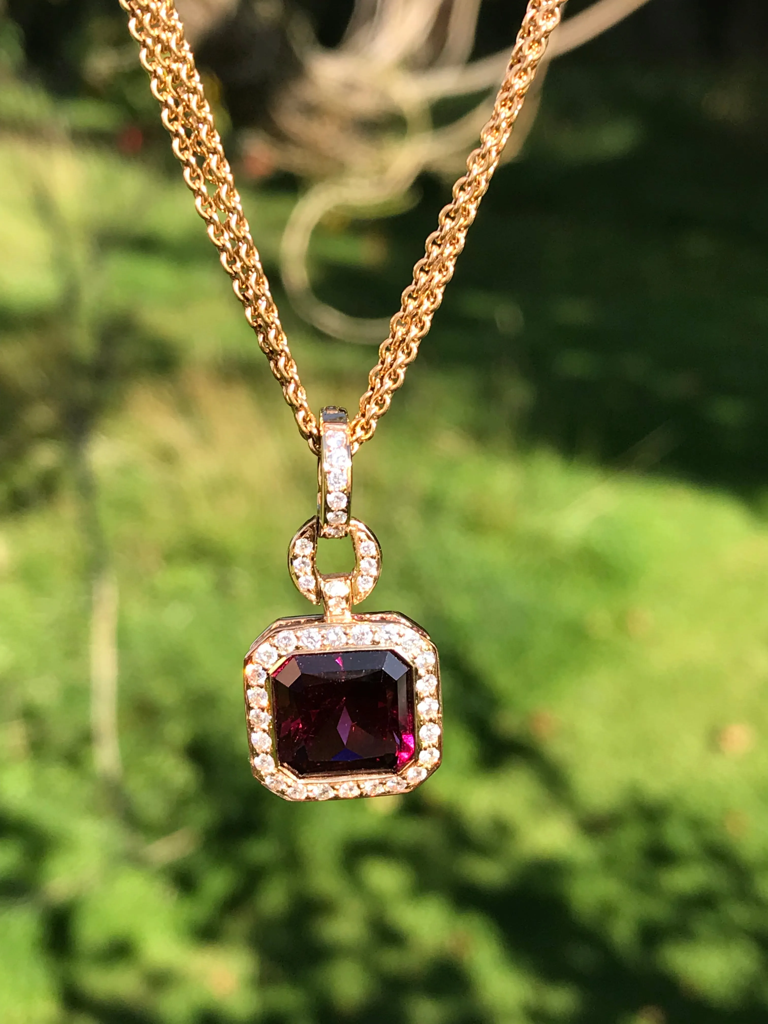 Buchwald 18ct rose gold pink rhodolite diamond and amethyst necklace