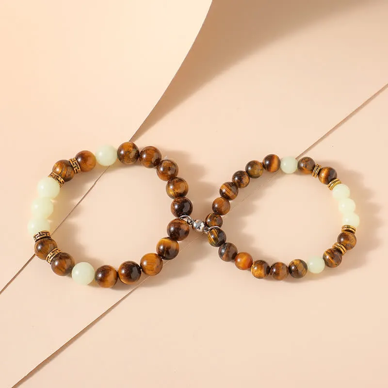 Buddha Stones 2Pcs Tiger Eye Glowstone Luminous Bead Protection Couple Bracelet