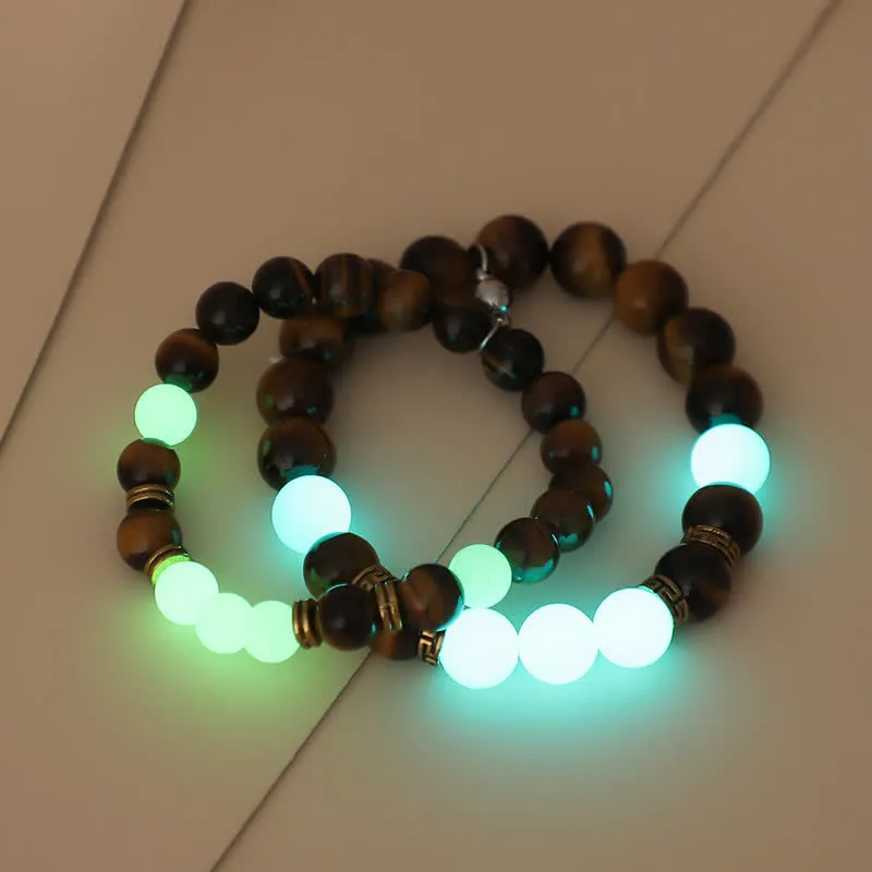 Buddha Stones 2Pcs Tiger Eye Glowstone Luminous Bead Protection Couple Bracelet