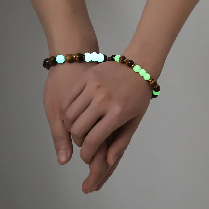 Buddha Stones 2Pcs Tiger Eye Glowstone Luminous Bead Protection Couple Bracelet