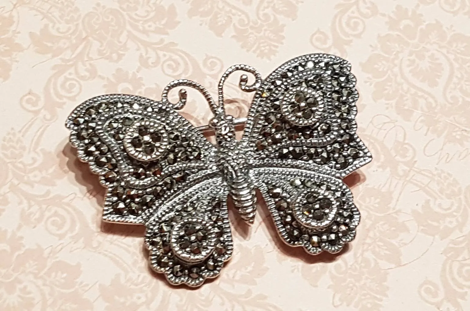 Butterfly Brooch Silver Marcasite Pendant Necklace