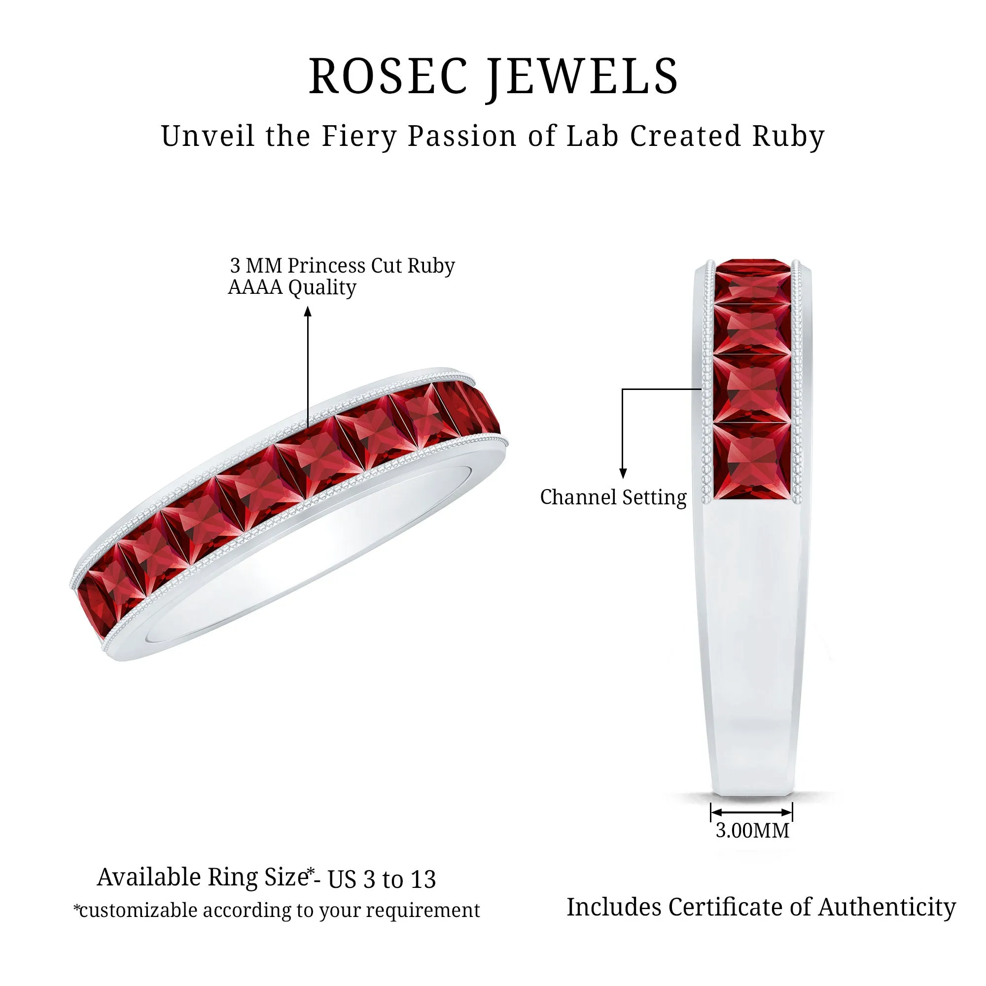 Channel Set Created Ruby Semi Eternity Band Ring with Milgrain Gold